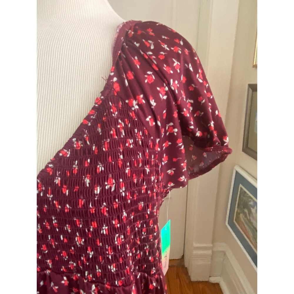 NWT Derek Heart dress  1X Burgundy‎ Floral Smocked Cottagecore prairie - Picture 3 of 9